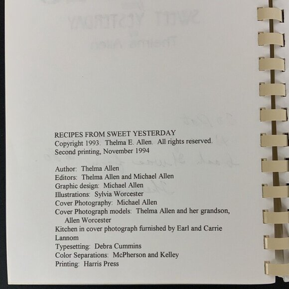 Recipes From Sweet Yesterday Cookbook Signed By Thelma Allen 1994 Spiral Bound - Picture 5 of 16